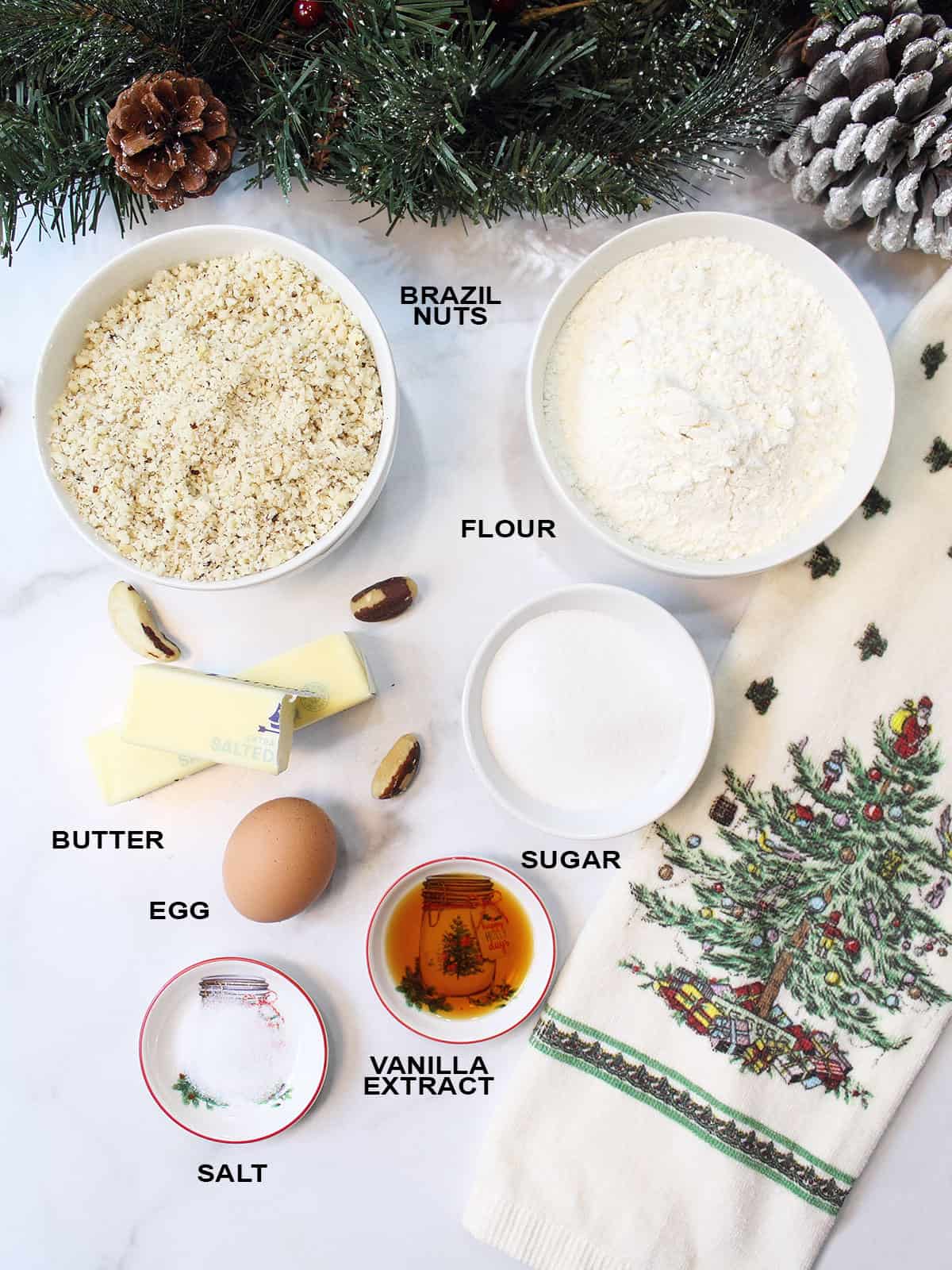 Ingredients for snowball cookies recipe.