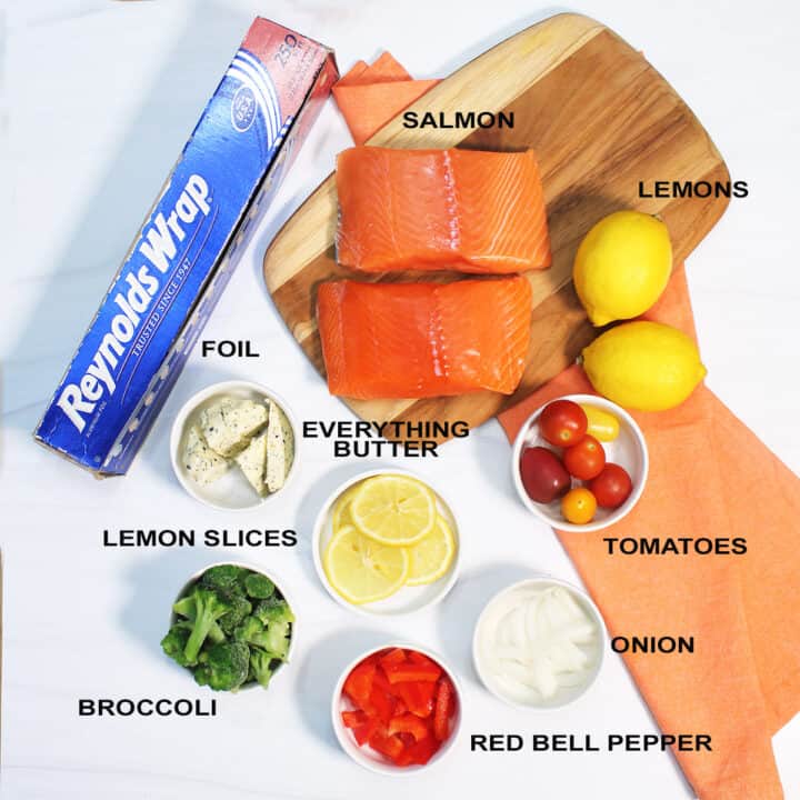 Ingredients for Baked Salmon in Foil, labeled.