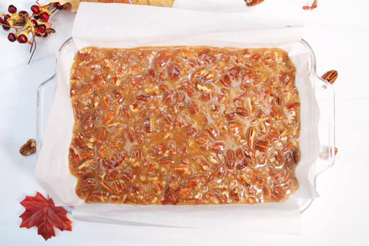 Pecan pie dessert bars ready to bake.