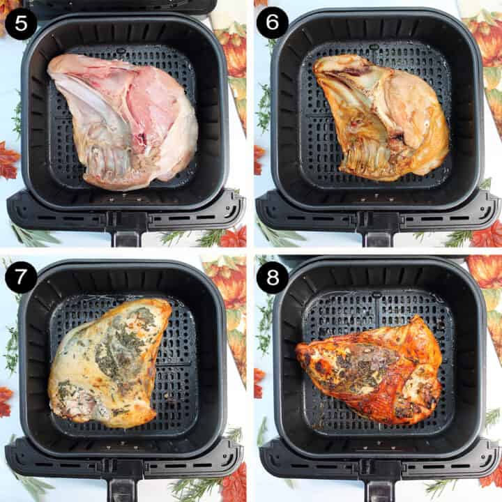 Collage of steps to air fry turkey breast.