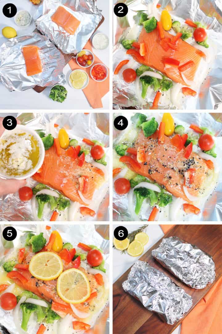 Collage of steps to make baked salmon in foil.