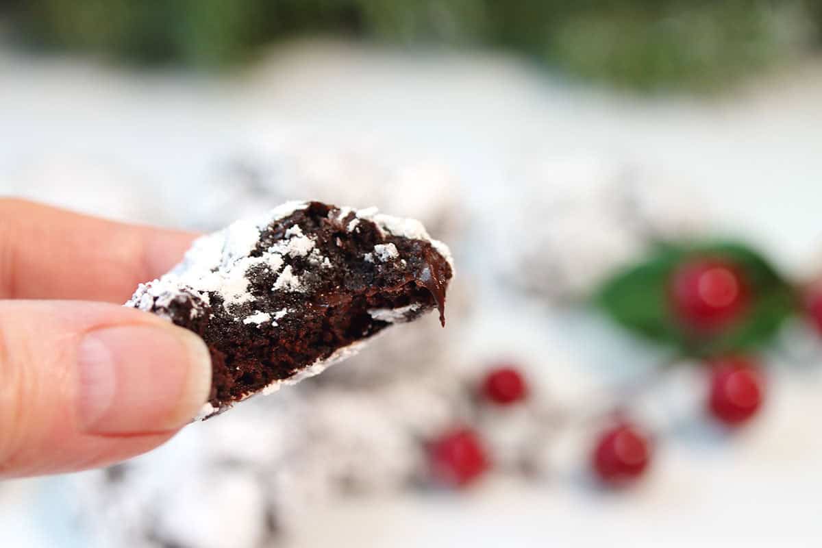 Holding a chewy chocolate crinkle cookie with bite out.