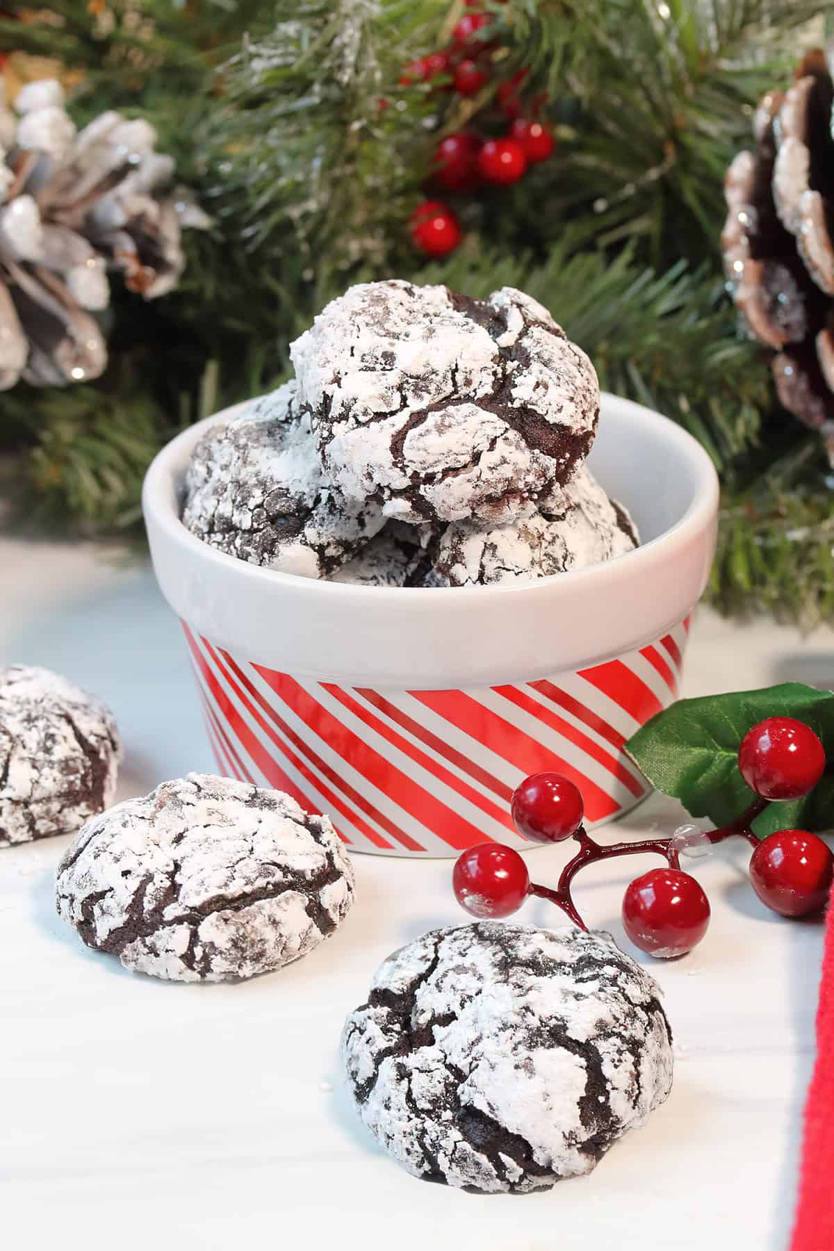 Overhead of crinkle cookies cooling on wire rack.