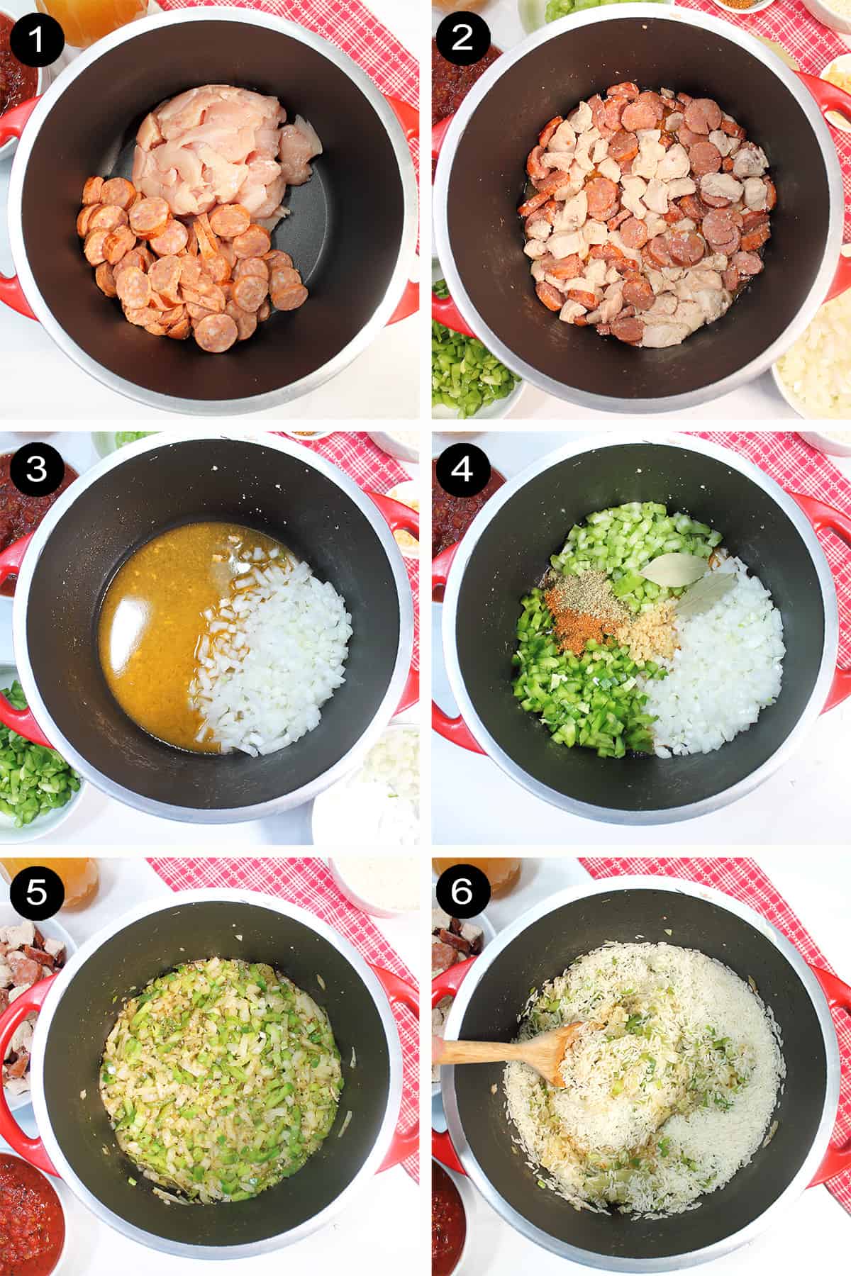 Collage of steps to make jambalaya with rice.