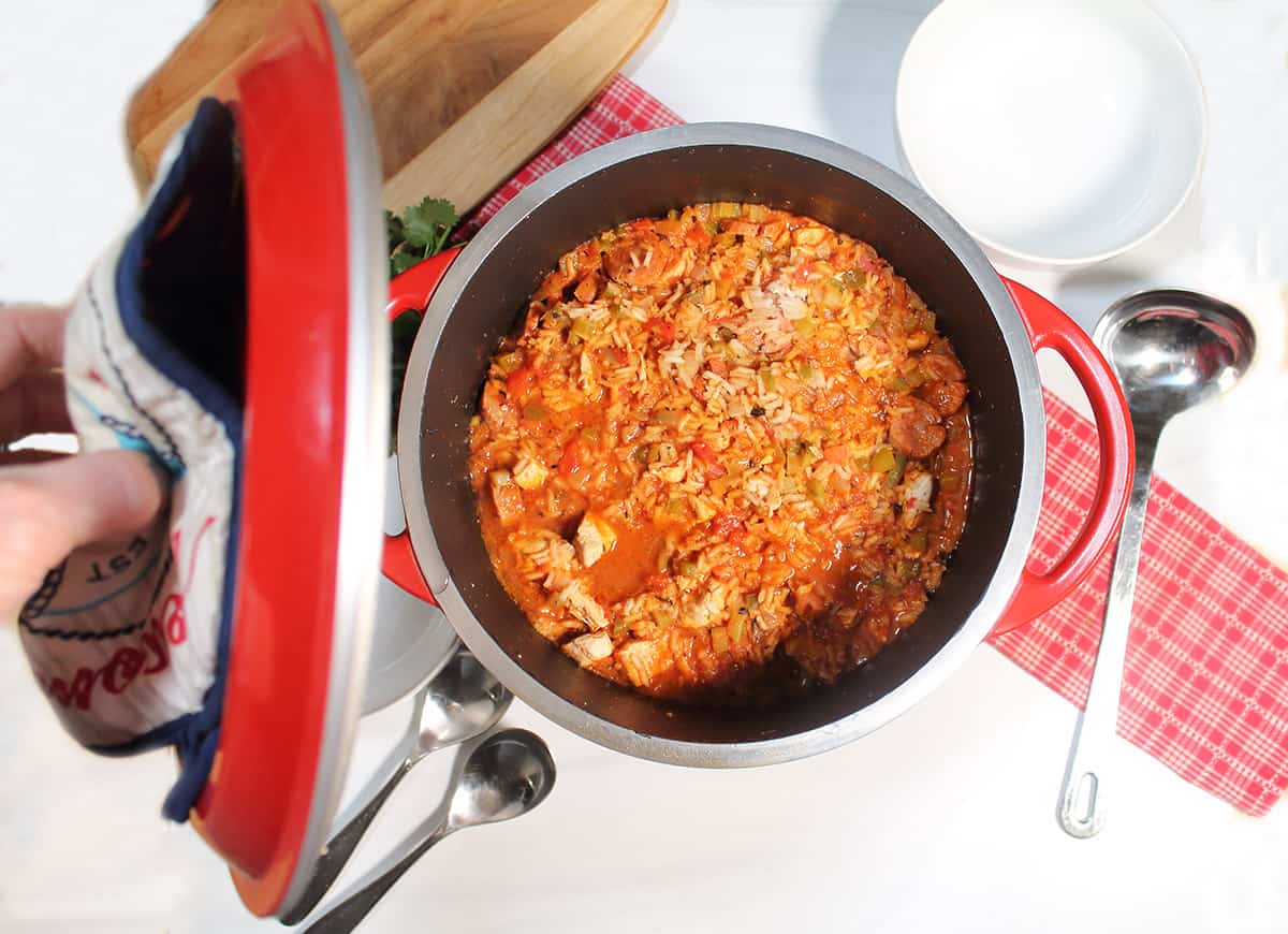 Overhead of cooked jambalaya in Dutch oven.