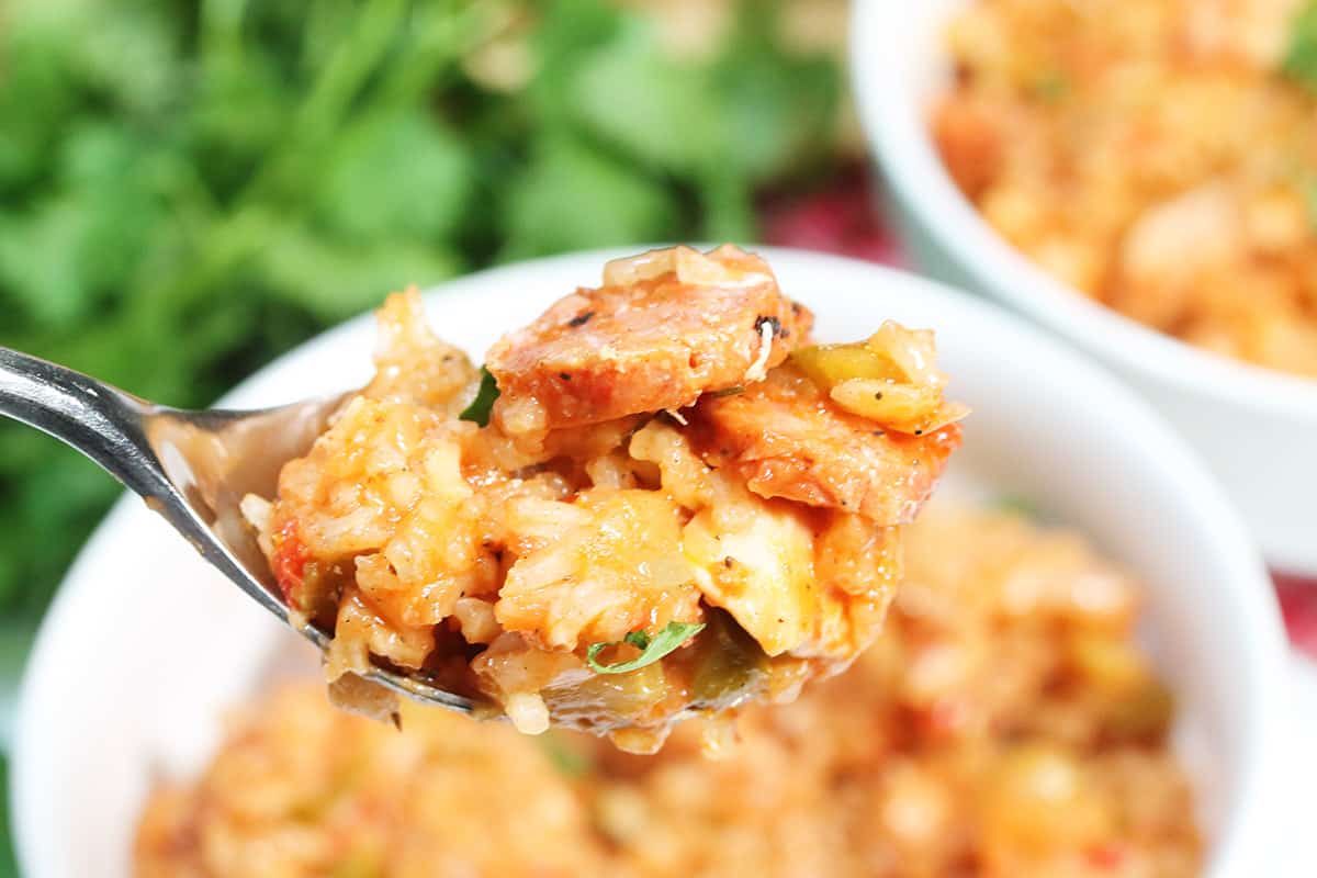 Spoonful of chicken jambalaya over bowl.