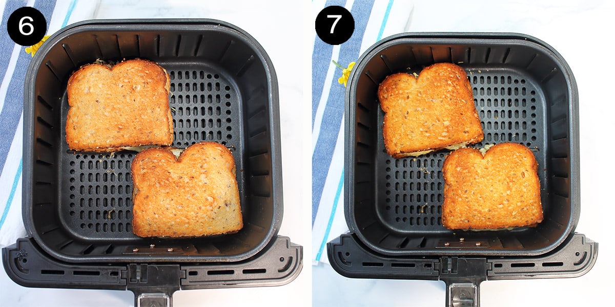 Collage of steps to air fry sandwich.