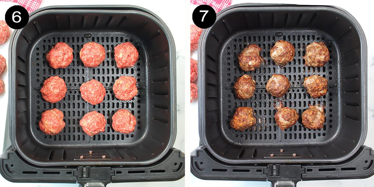 Collage showing how to cook meatballs in air fryer.