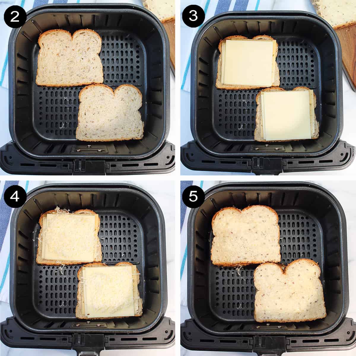 Collage of steps to make air fryer grilled cheese,