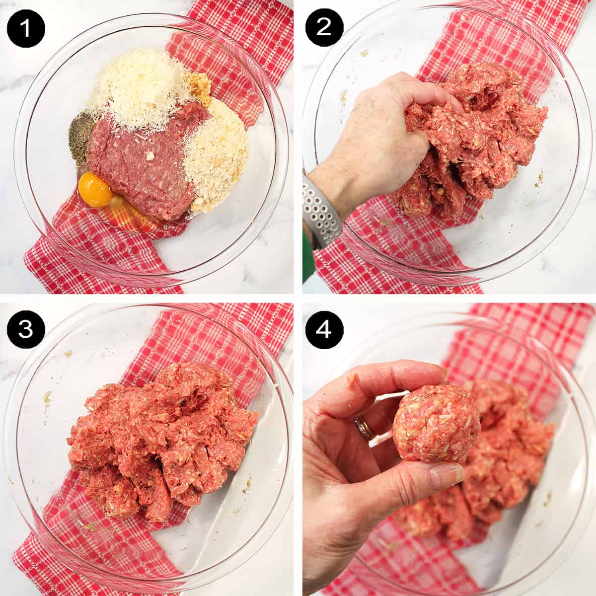 Collage of steps to mix and form Italian meatballs.