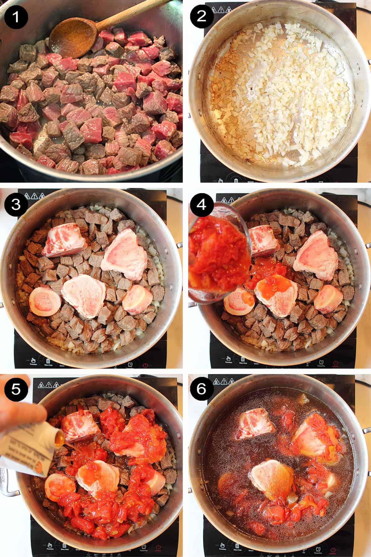 Collage of steps 1-6 to make vegetable soup with beef.