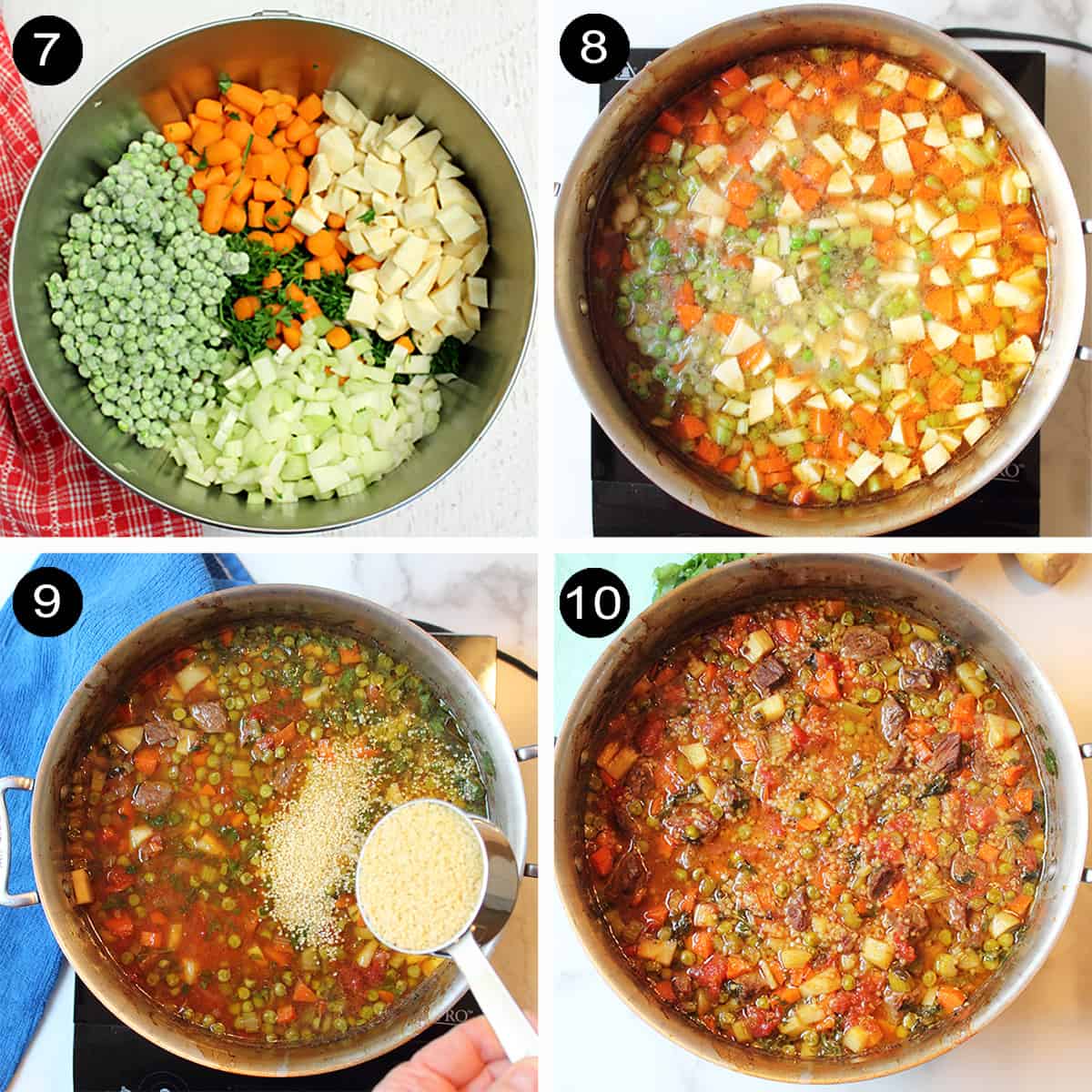 Collage of steps 7-10, adding vegetables and pasta.