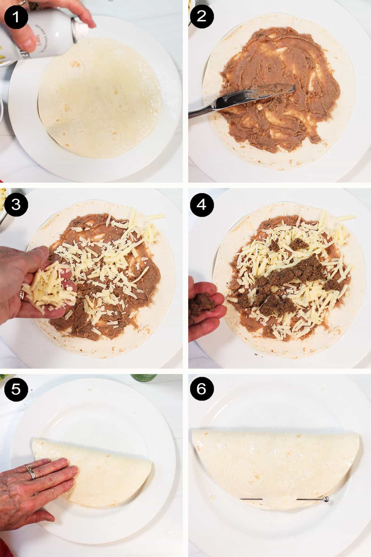 Collage of steps showing how to make quesadillas in air fryer.