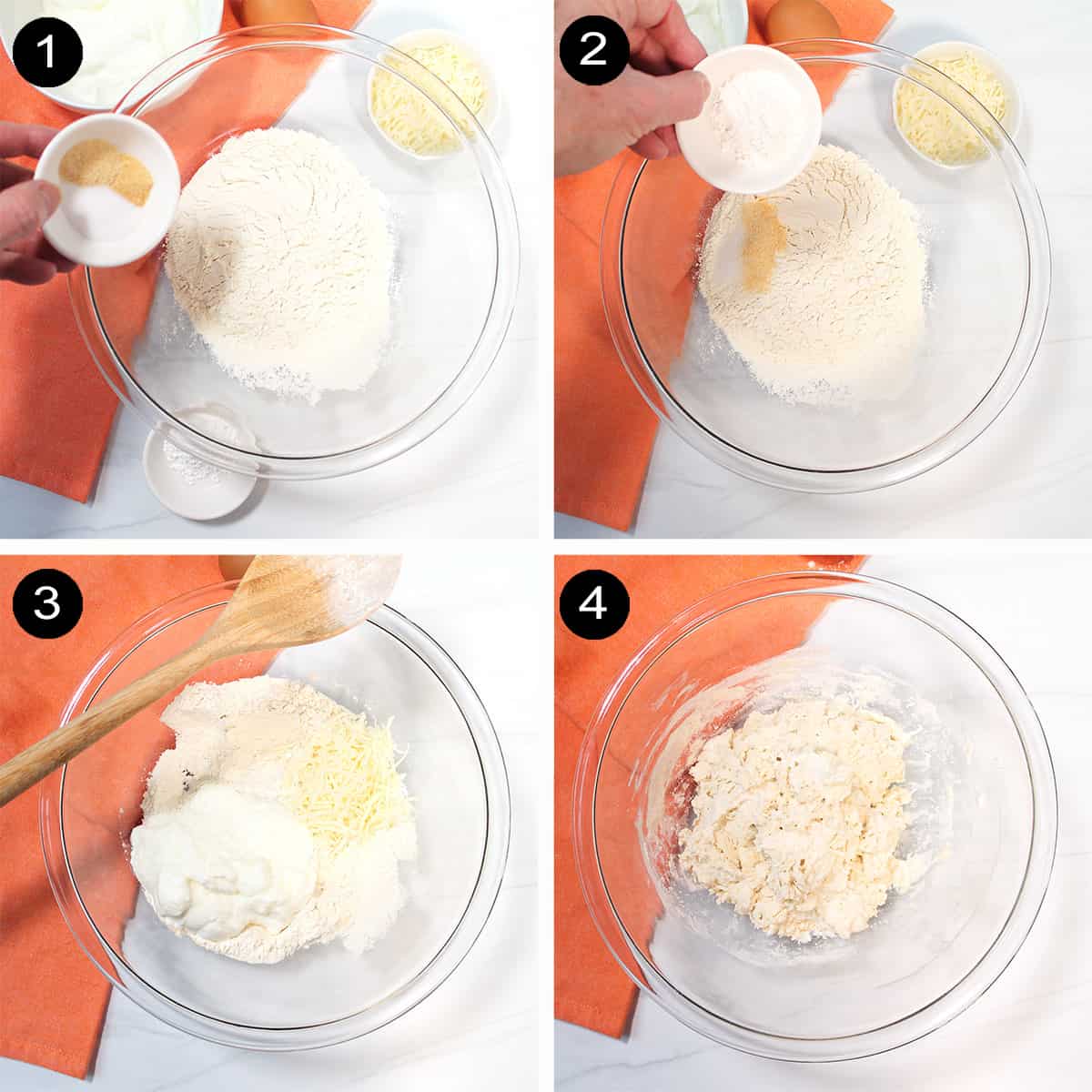 Collage of steps to make cheese bagel dough.