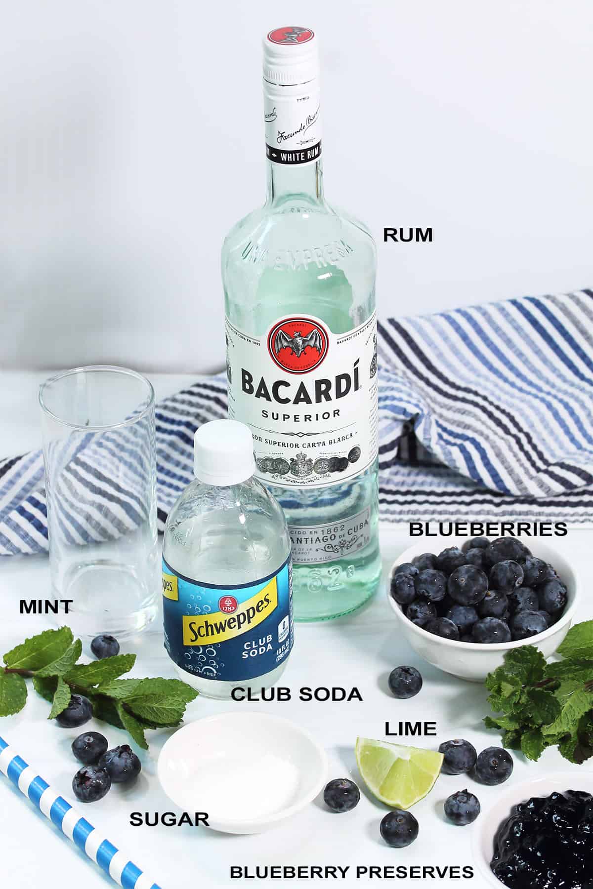 Ingredients for Blueberry Mojitos.