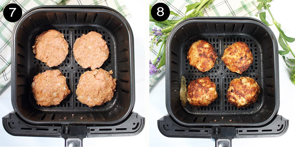 Steps to air fry burgers.