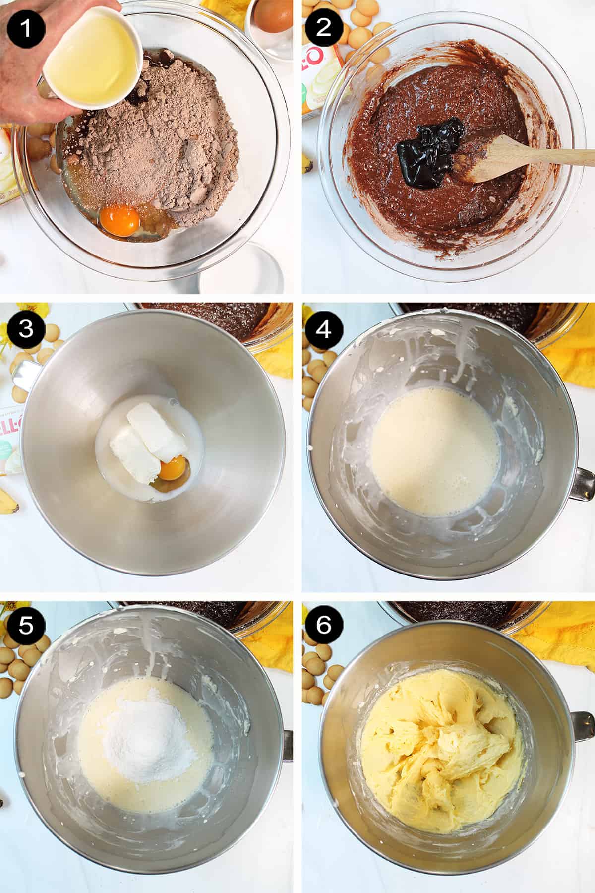 Steps 1-6 to make Banana Pudding Brownies.