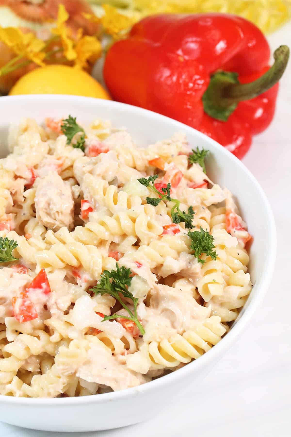 Tuna Pasta Salad in white bowl.