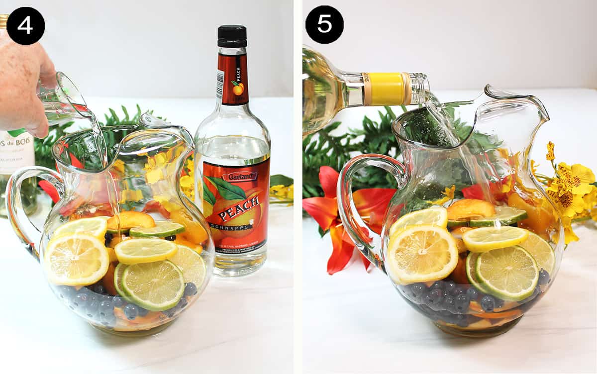 Adding schnapps and wine for easy sangria with peaches.