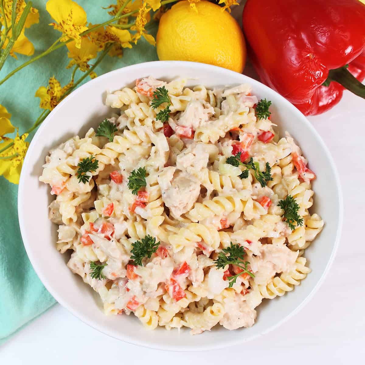 Overhead of pasta tuna salad.