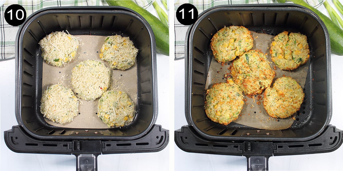 Air Fryer steps to cook zucchini-corn fritters.