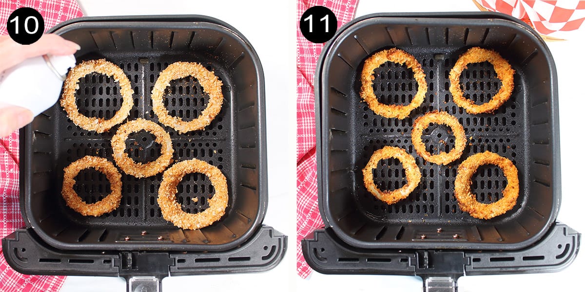Onions rings before and after air frying.