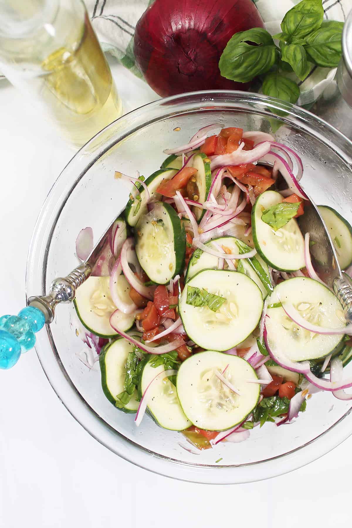 Tomato and cucumber salad in bowl.