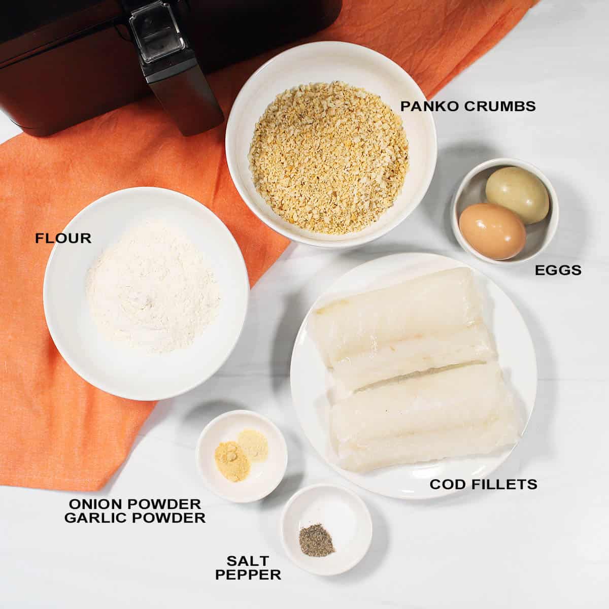 Ingredients for fish sticks in air fryer.