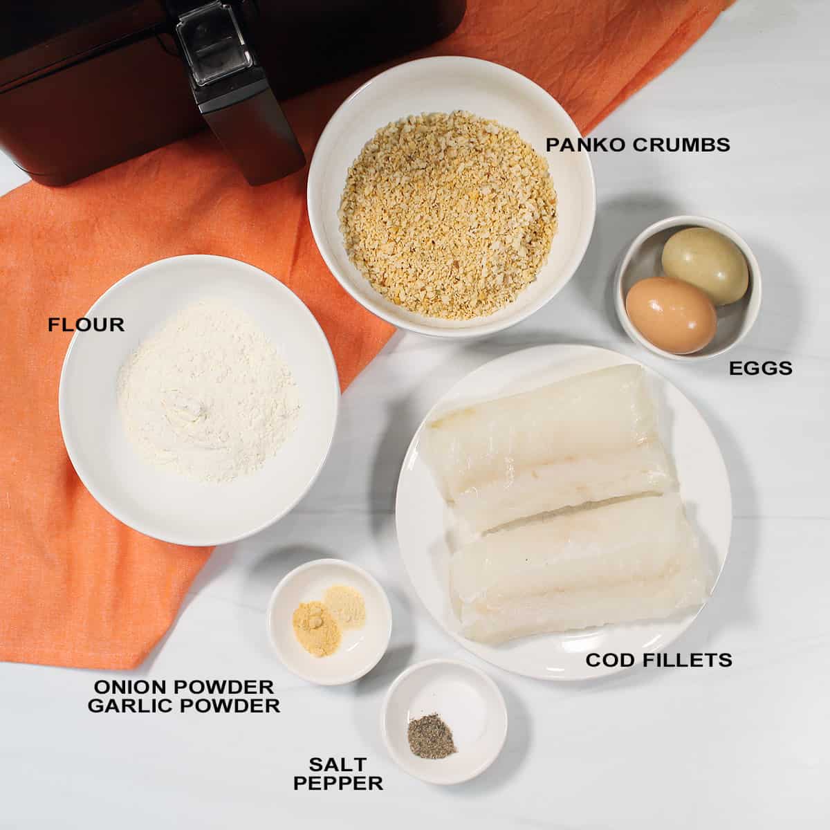 Ingredients for fish sticks in air fryer.