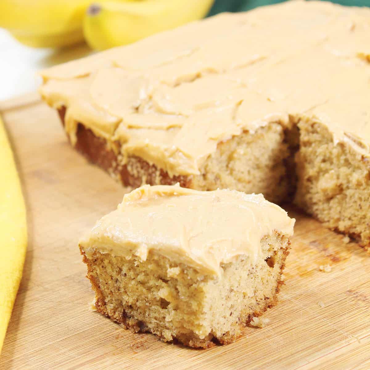 Piece of snack cake covered with peanut butter frosting.