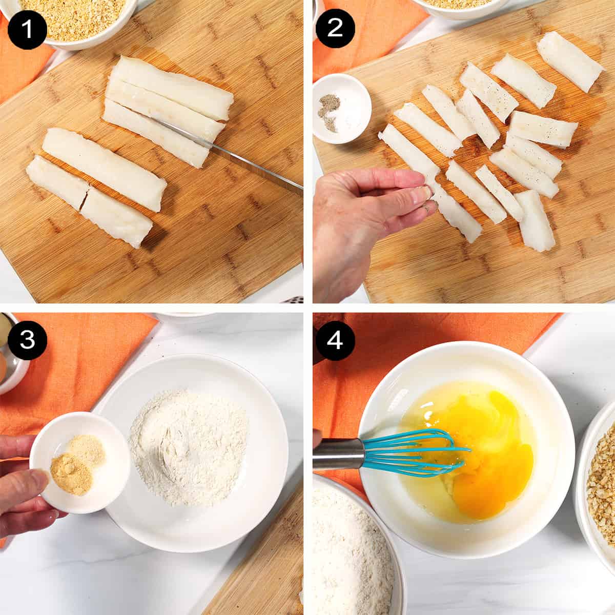 Steps 1-4 to make fish sticks.