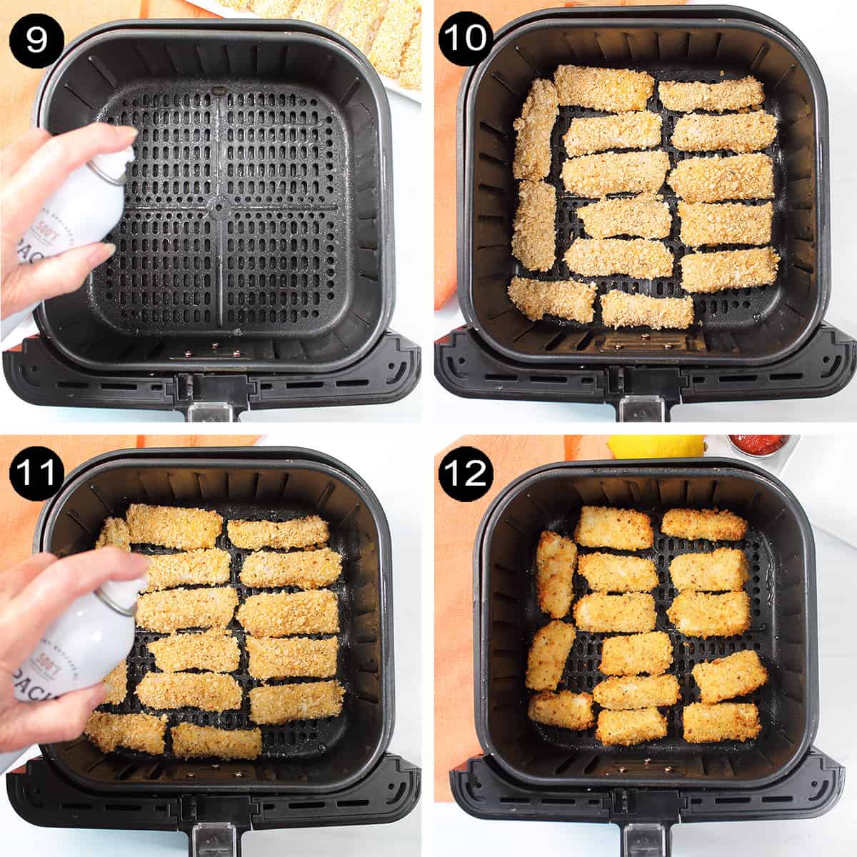 Steps to air fry fish sticks.