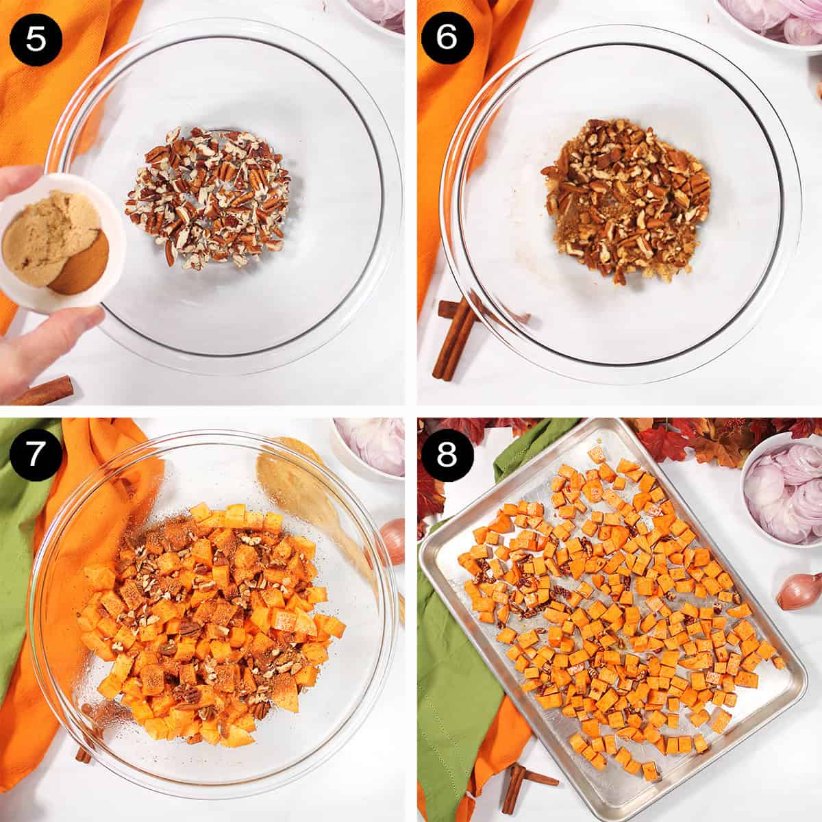 Steps 5-8 to ready sweet potatoes for roasting.