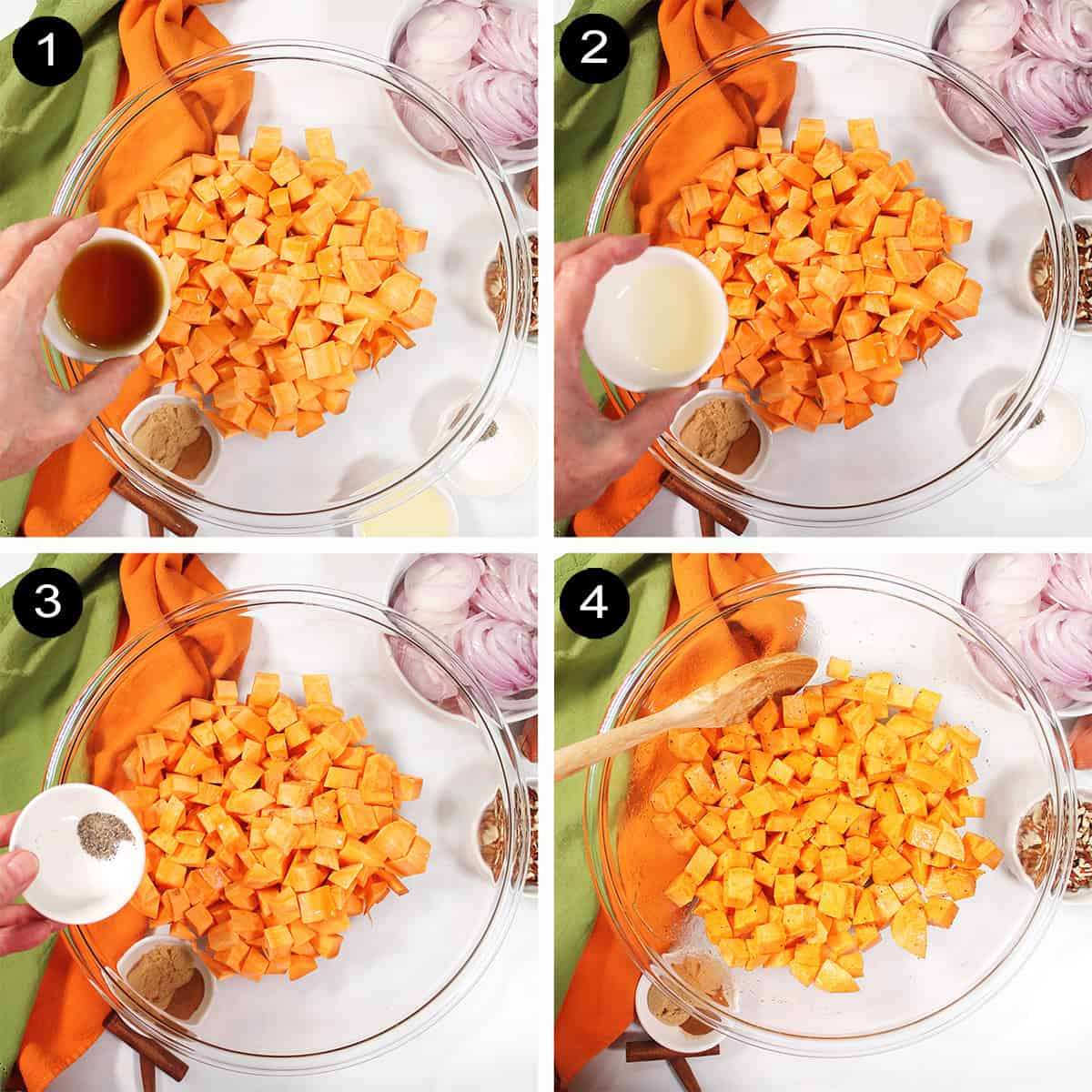 Steps to prep sweet potatoes.