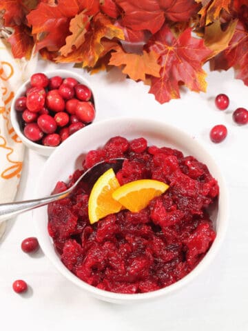 Overhead of cranberry sauce with Grand Marnier.