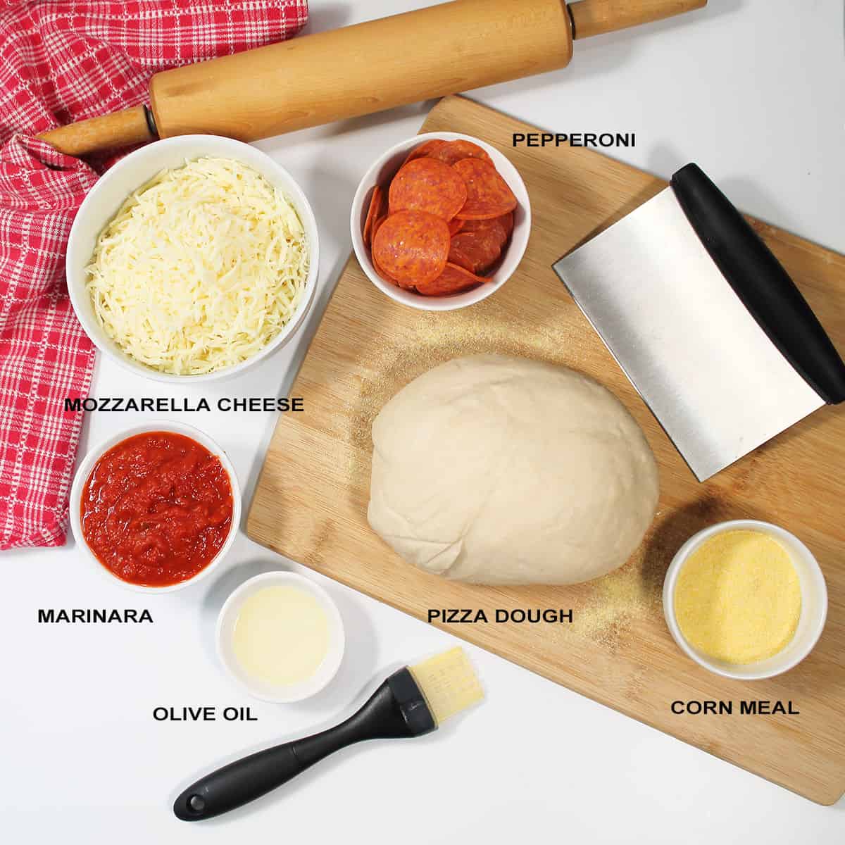 Ingredients for air fryer pepperoni pizza.