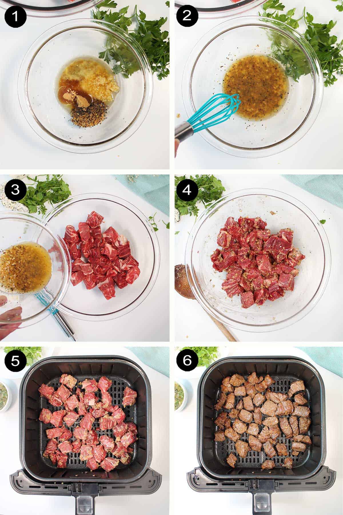 Prep steps to make steak bites in air fryer.