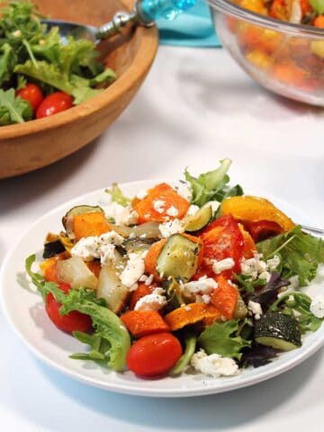 Plated roasted veggie salad.