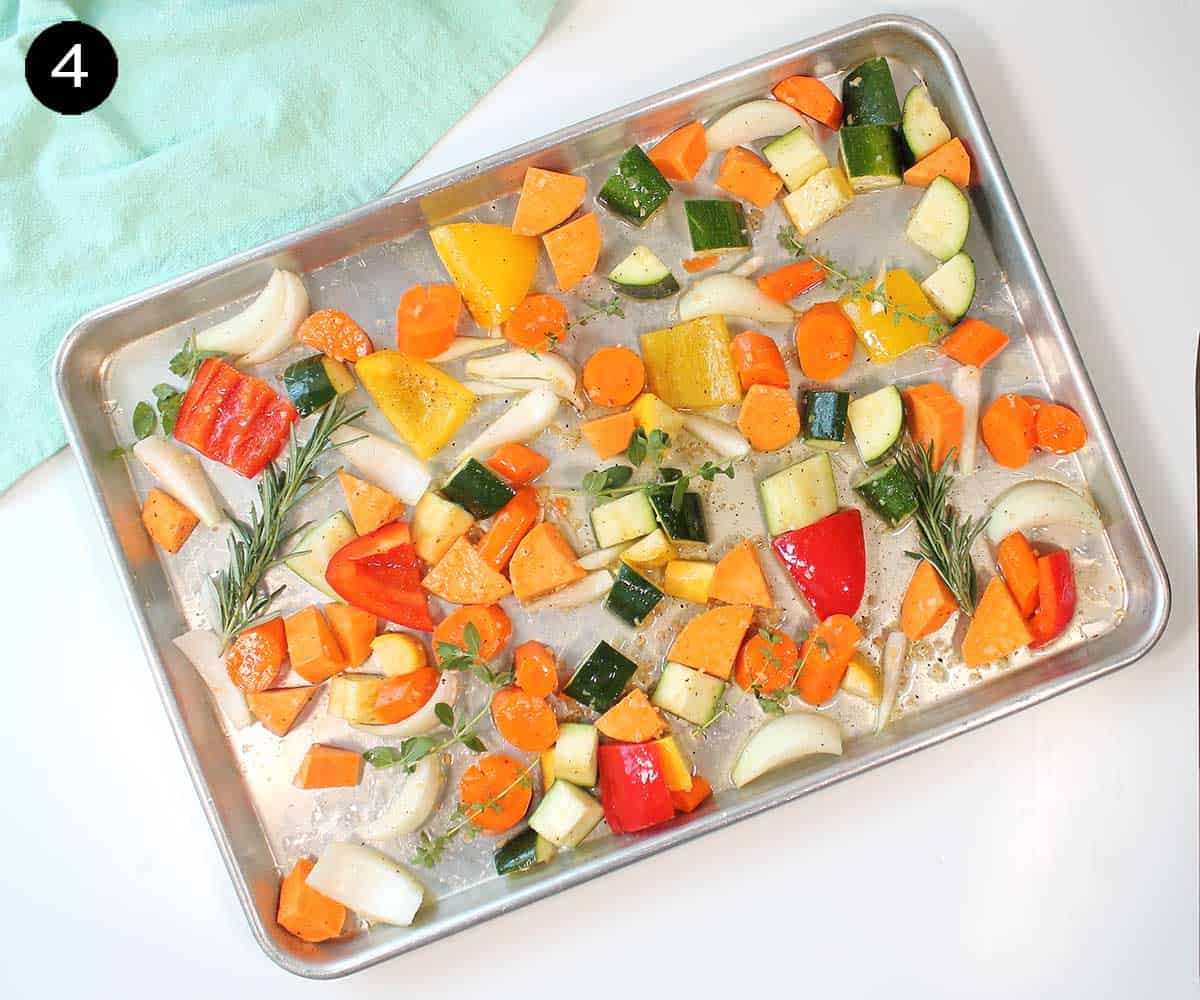 Vegetables on baking sheet for roasting.