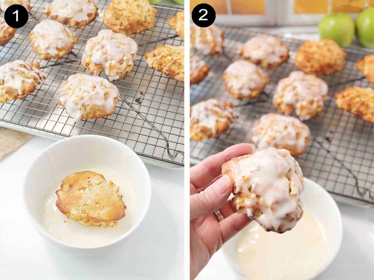 Finishing fritters with a di into glaze.