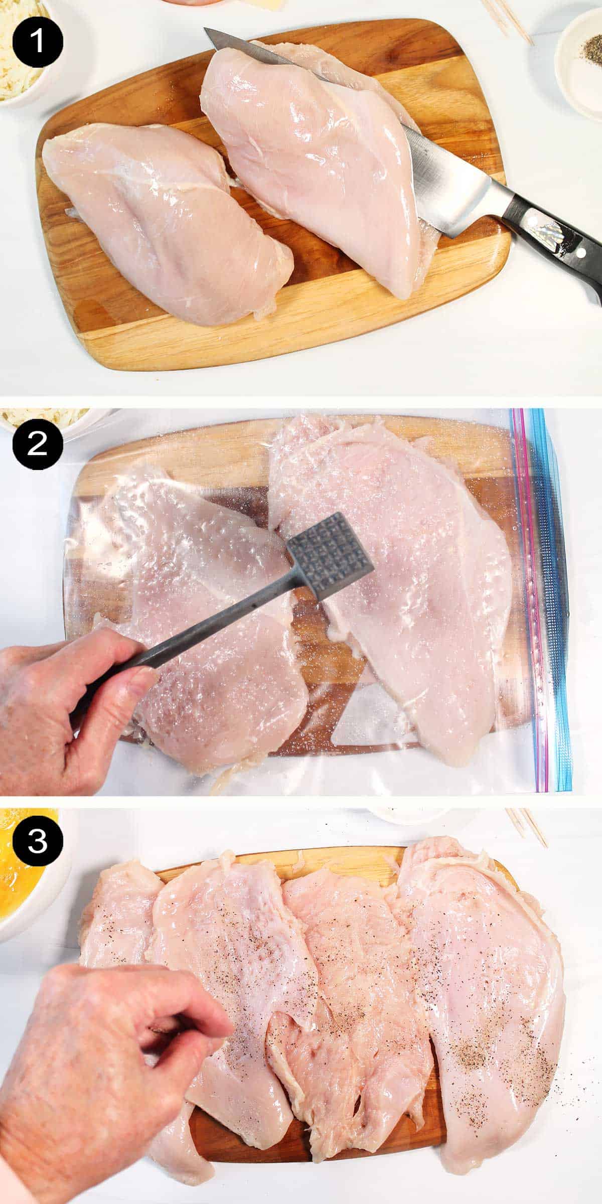 Step to prepare chicken for cordon bleu.