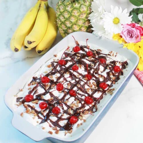 Overhead of finished no bake banana split cake.