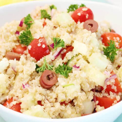 Mediterranean Quinoa Salad closeup in bowl.
