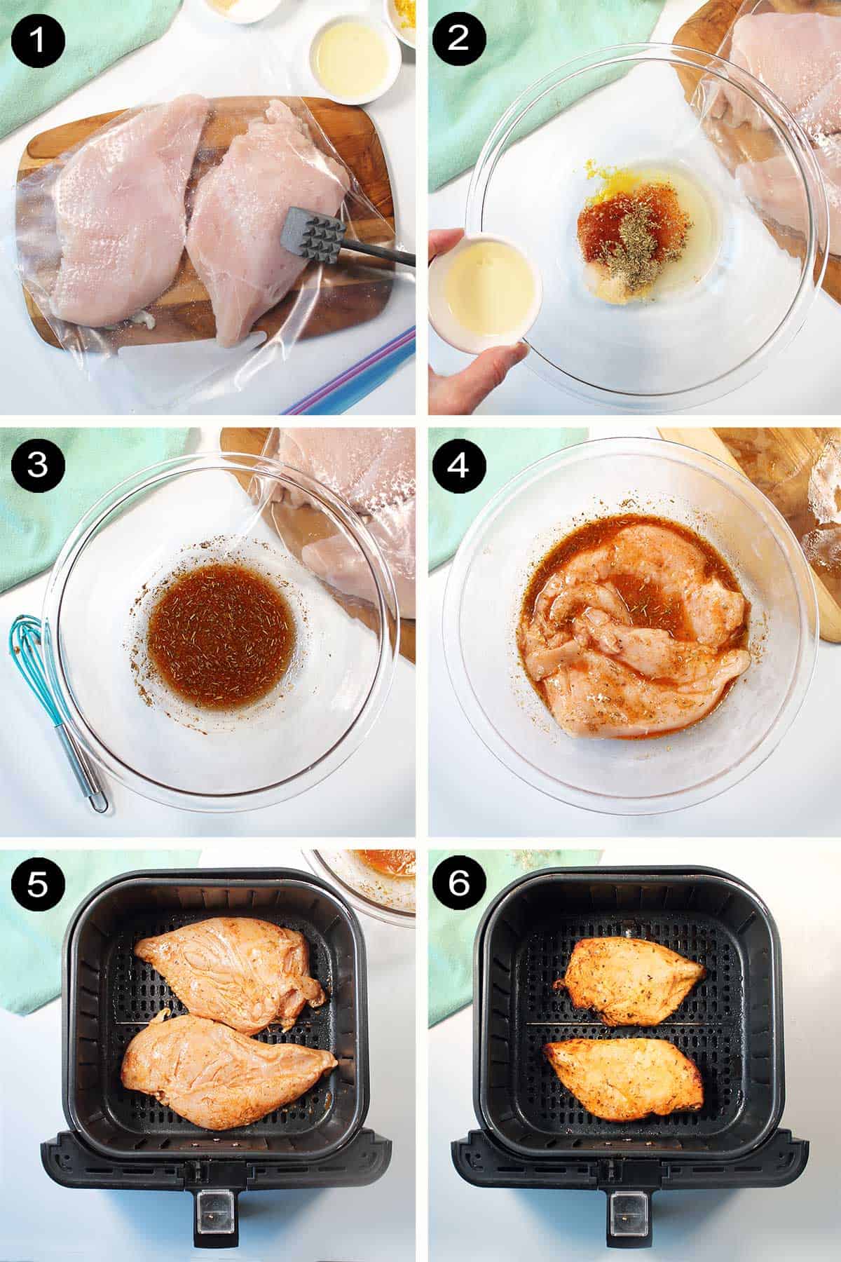 Prep steps to make chicken breasts in air fryer.