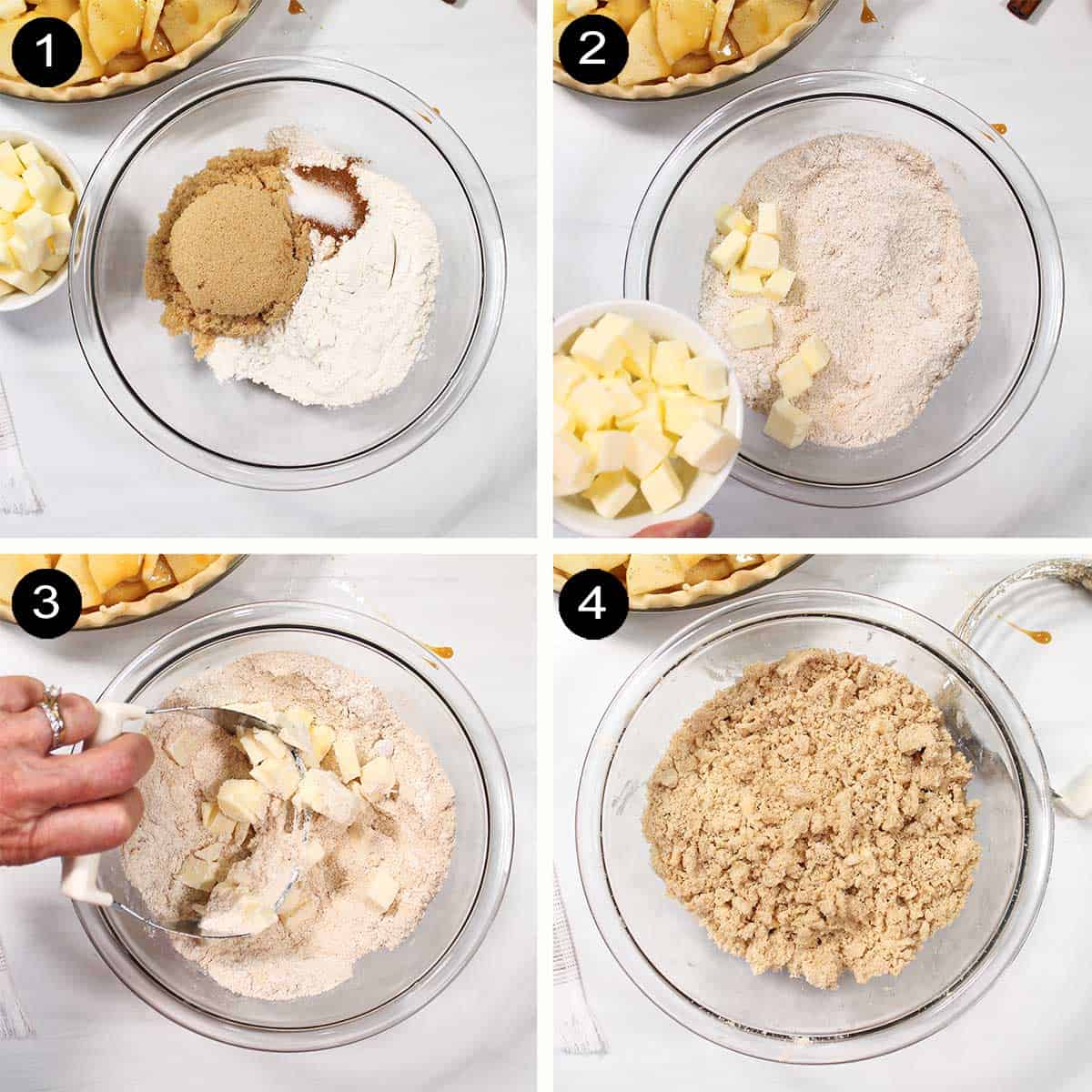 Steps to make crumble for topping pie.