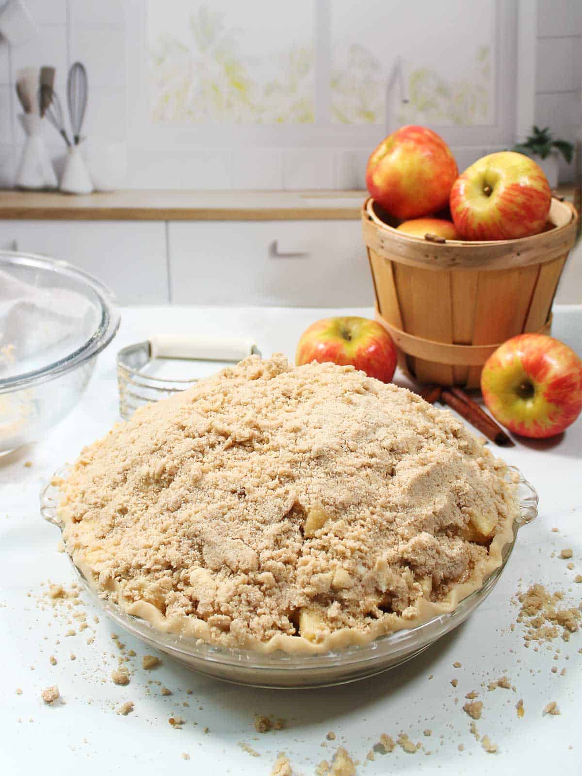 Caramel Apple Crumb Pie ready to bake.