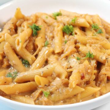 Closeup of finished French Onion Pasta.