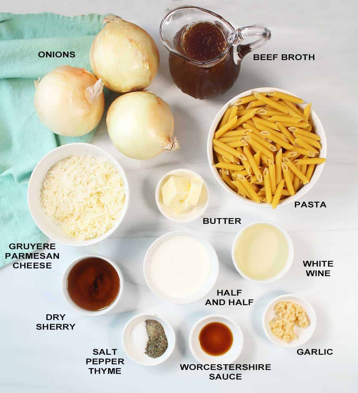 Ingredients for caramelized onion pasta.