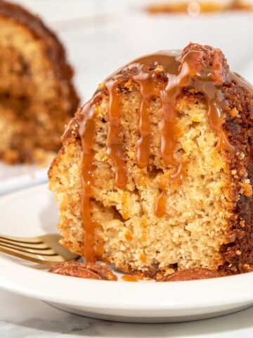 Pecan Pie Pound Cake with caramel drizzle.