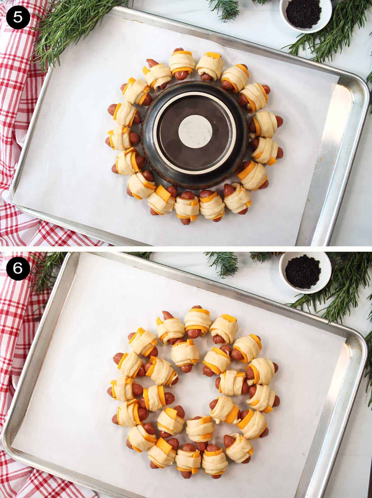 Steps to assemble Christmas wreath appetizer.